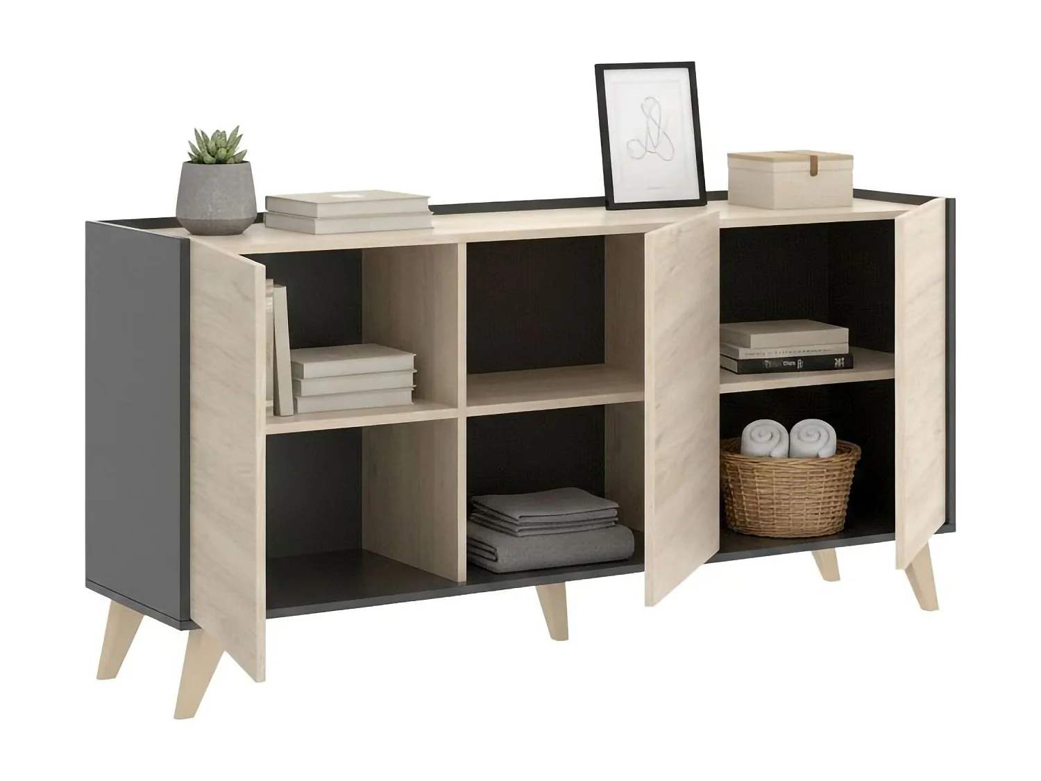 Aparador Avez, Buffet para salón, Aparador moderno para salón con 3 puertas, 155x43h75 cm, Roble y Antracita
