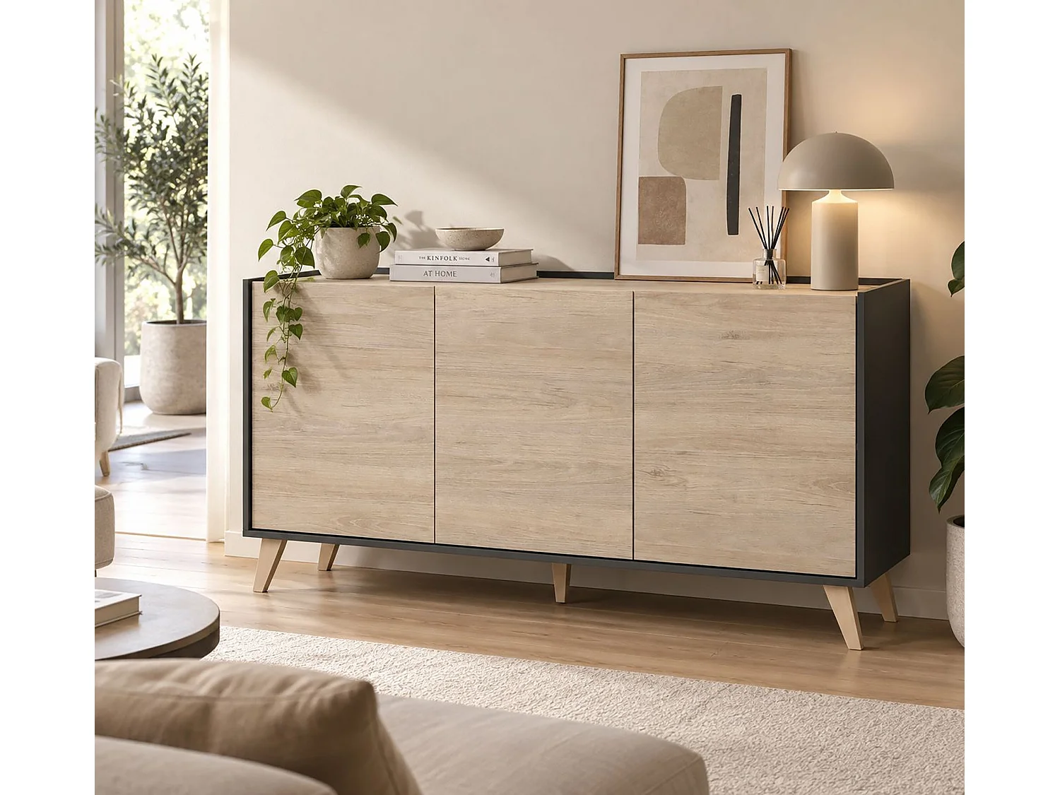Buffet Avez-vous, Buffet de salon, Buffet de salon moderne avec 3 portes, 155x43h75 cm, Chêne et Anthracite