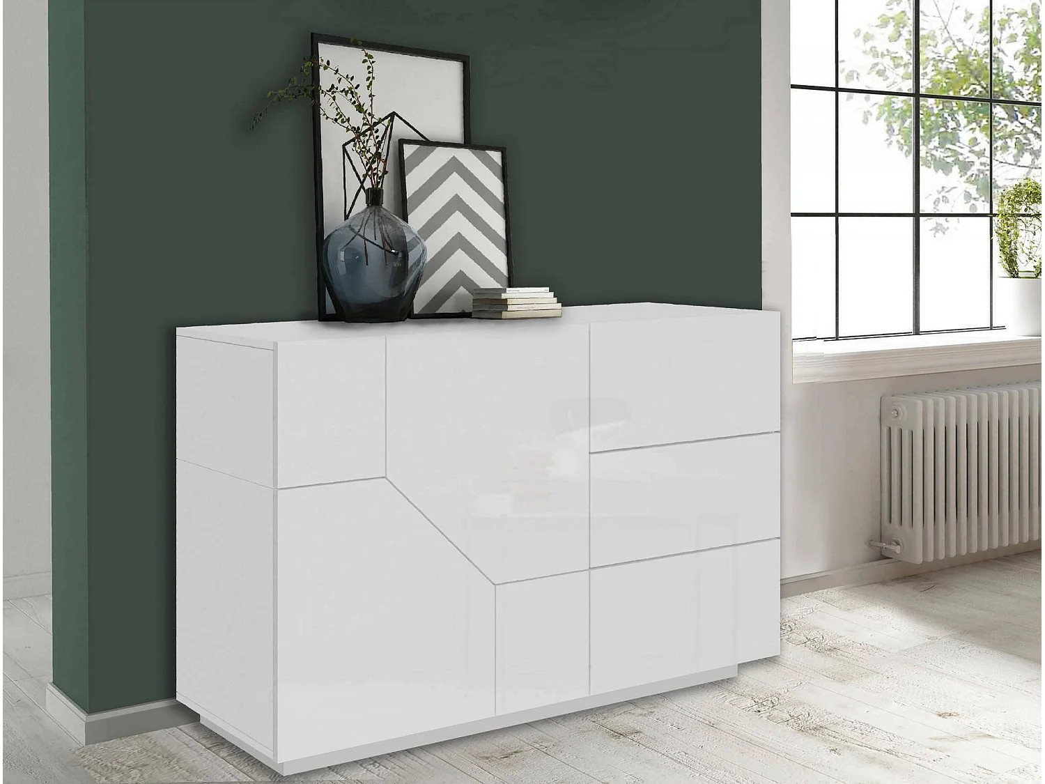 Buffet Dgirell, Buffet de cuisine avec 2 portes et 3 tiroirs, Buffet de salon, 100% Made in Italy, 141x43h86 cm, Blanc brillant