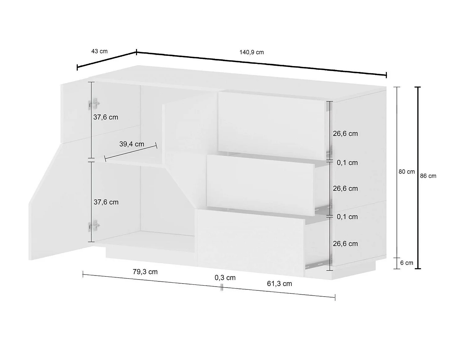 Buffet Dgirell, Buffet de cuisine avec 2 portes et 3 tiroirs, Buffet de salon, 100% Made in Italy, 141x43h86 cm, Blanc brillant