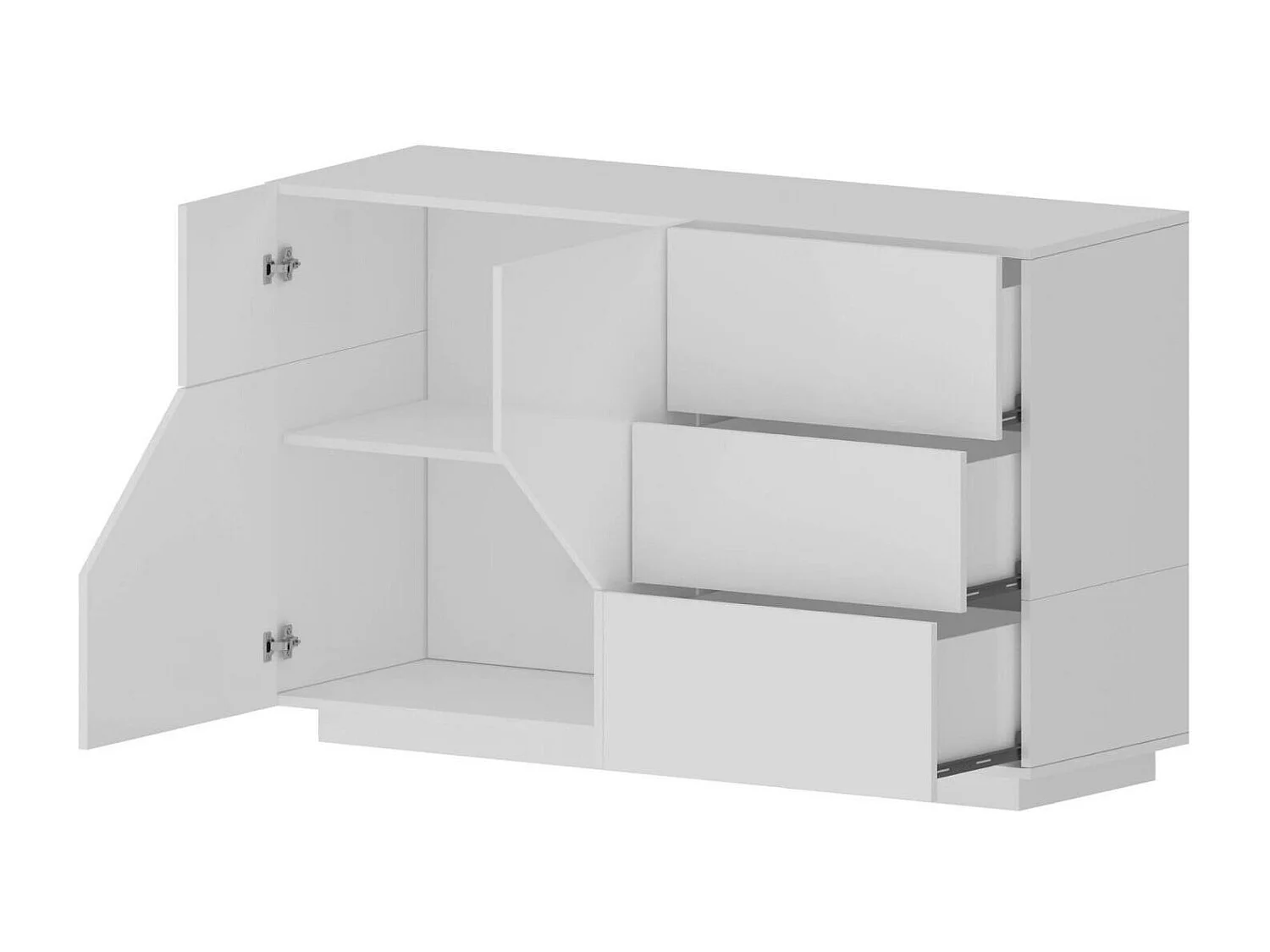 Buffet Dgirell, Buffet de cuisine avec 2 portes et 3 tiroirs, Buffet de salon, 100% Made in Italy, 141x43h86 cm, Blanc brillant