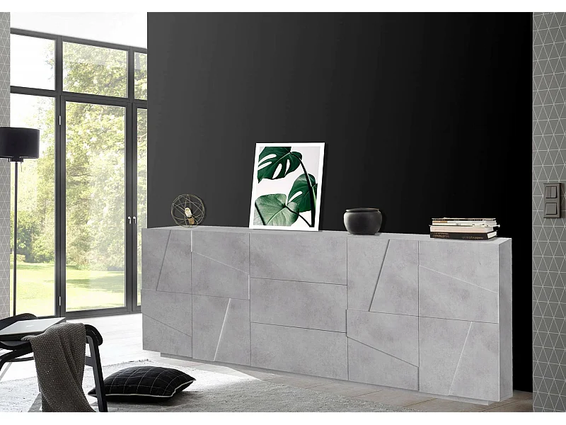 Buffet Mason, Buffet de cuisine avec 4 portes et 3 tiroirs, Buffet de salon, 100% Made in Italy, 224x44h86 cm, Ciment
