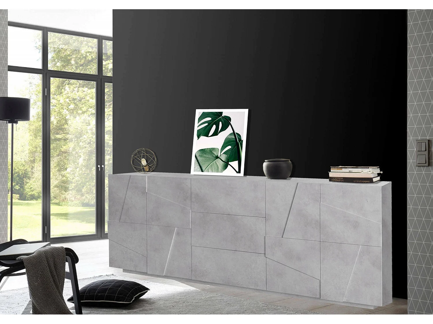 Kommode Mason, Küchen-Sideboard mit 4 Türen und 3 Schubladen, Wohnzimmer-Buffet, 100 % Made in Italy, cm 224x44h86, Zement