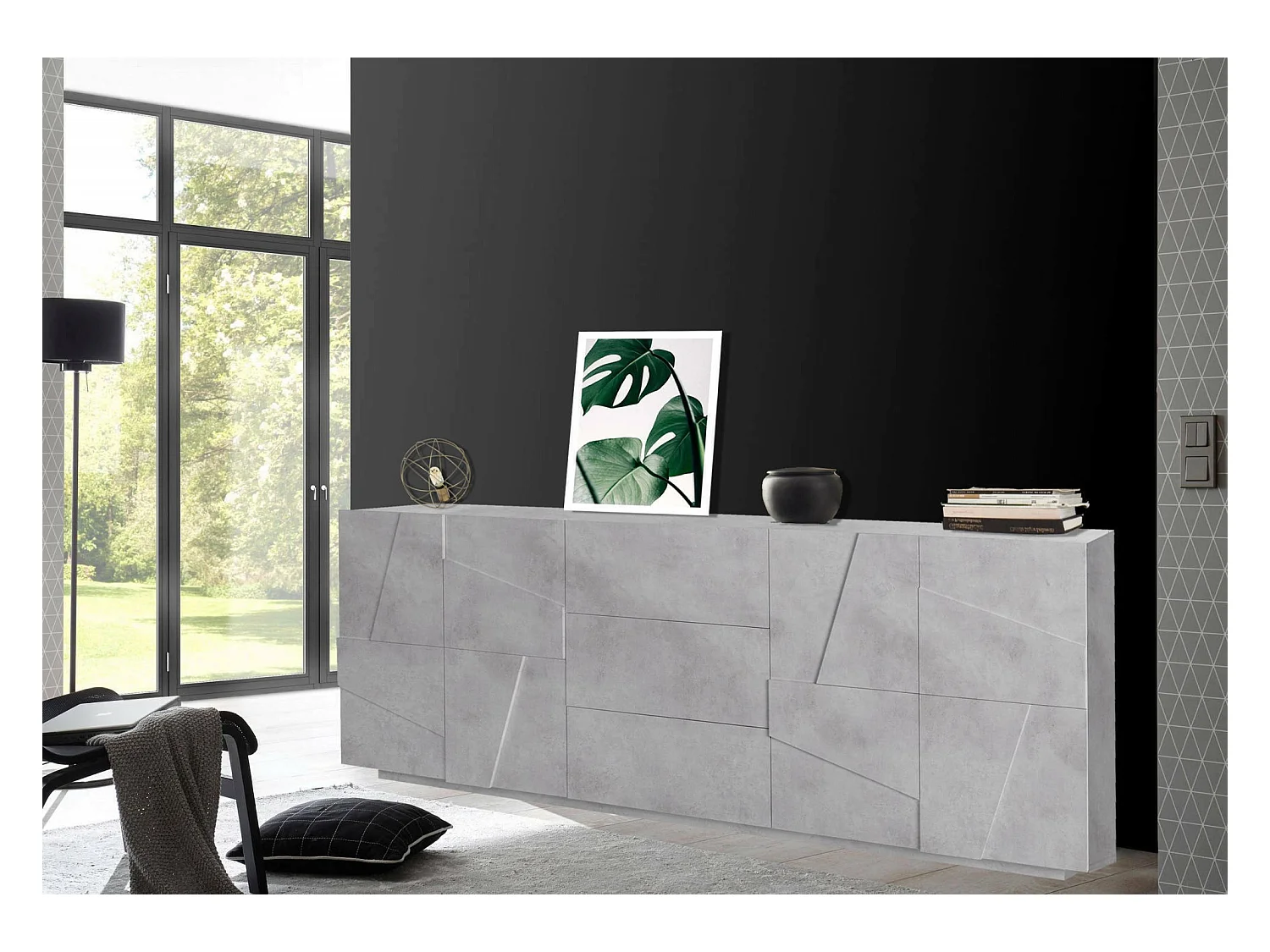 Buffet Mason, Buffet de cuisine avec 4 portes et 3 tiroirs, Buffet de salon, 100% Made in Italy, 224x44h86 cm, Ciment