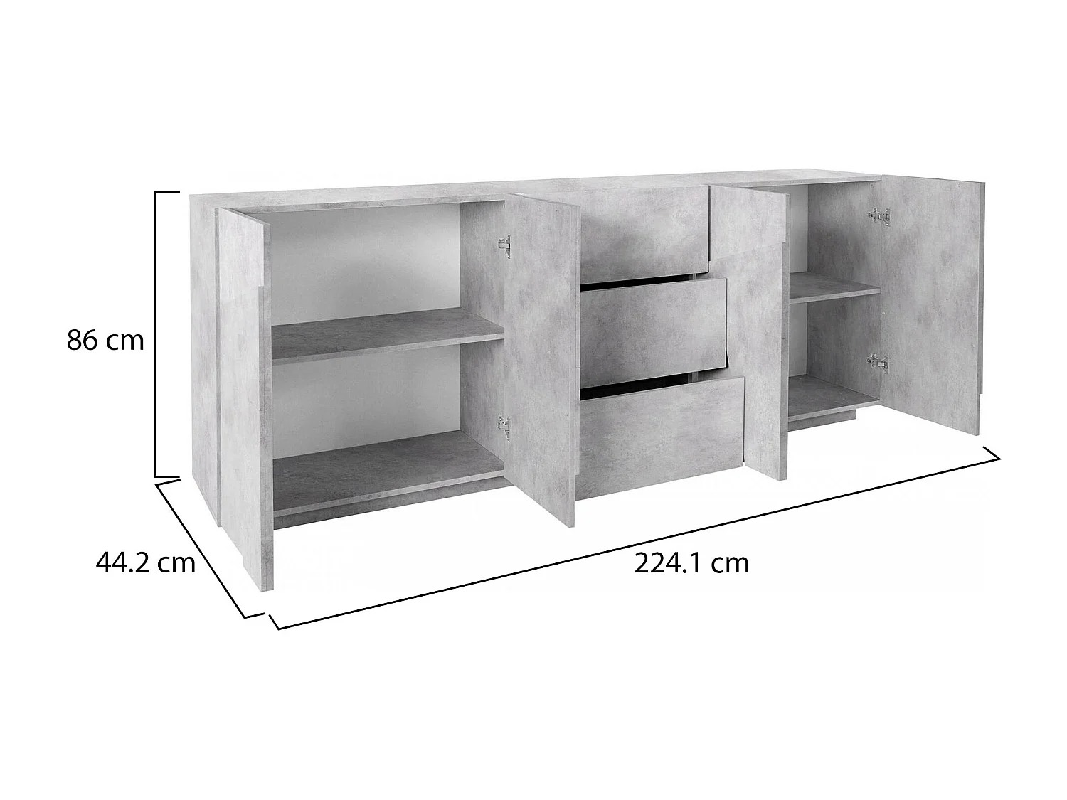 Buffet Mason, Buffet de cuisine avec 4 portes et 3 tiroirs, Buffet de salon, 100% Made in Italy, 224x44h86 cm, Ciment