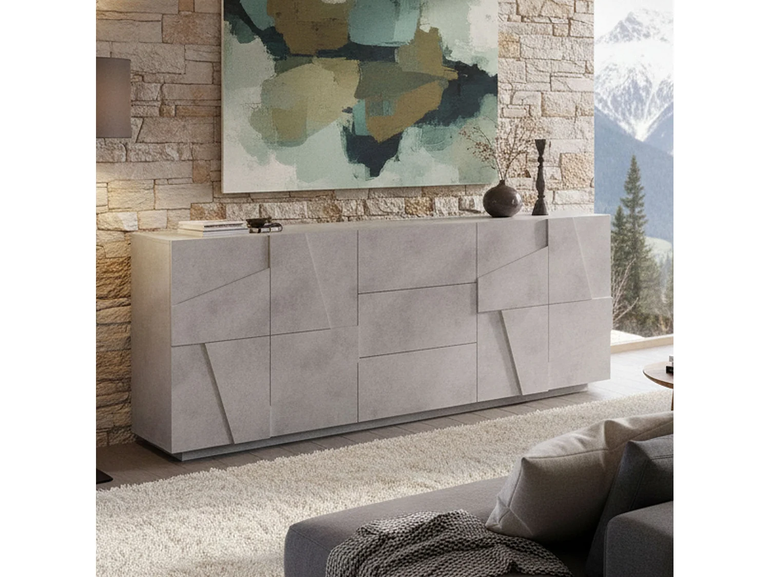 Aparador de pedreiro, Aparador de cozinha com 4 portas e 3 gavetas, Buffet de sala, 100% Fabricado na Itália, 224x44h86 cm, Cimento