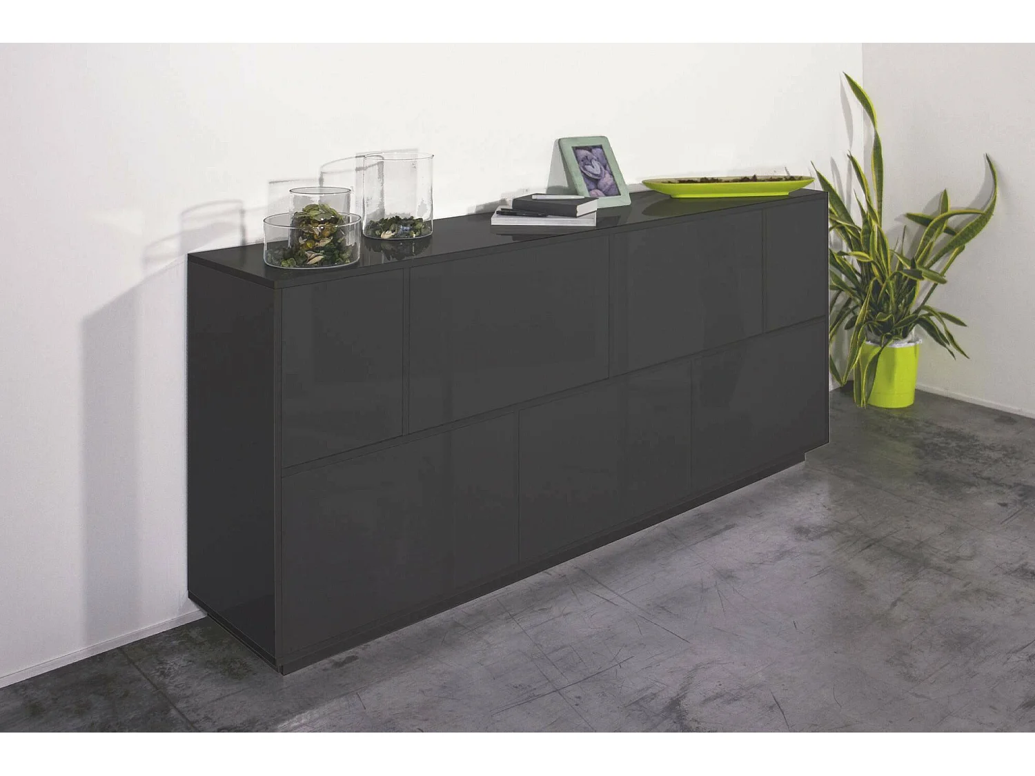 Buffet Virginio, Buffet de cuisine 7 portes, Buffet de salon, 100% Made in Italy, 200x41h86 cm, Anthracite Brillant