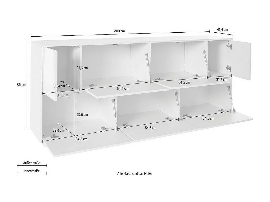 Buffet Virginio, Buffet de cuisine 7 portes, Buffet de salon, 100% Made in Italy, 200x41h86 cm, Anthracite Brillant