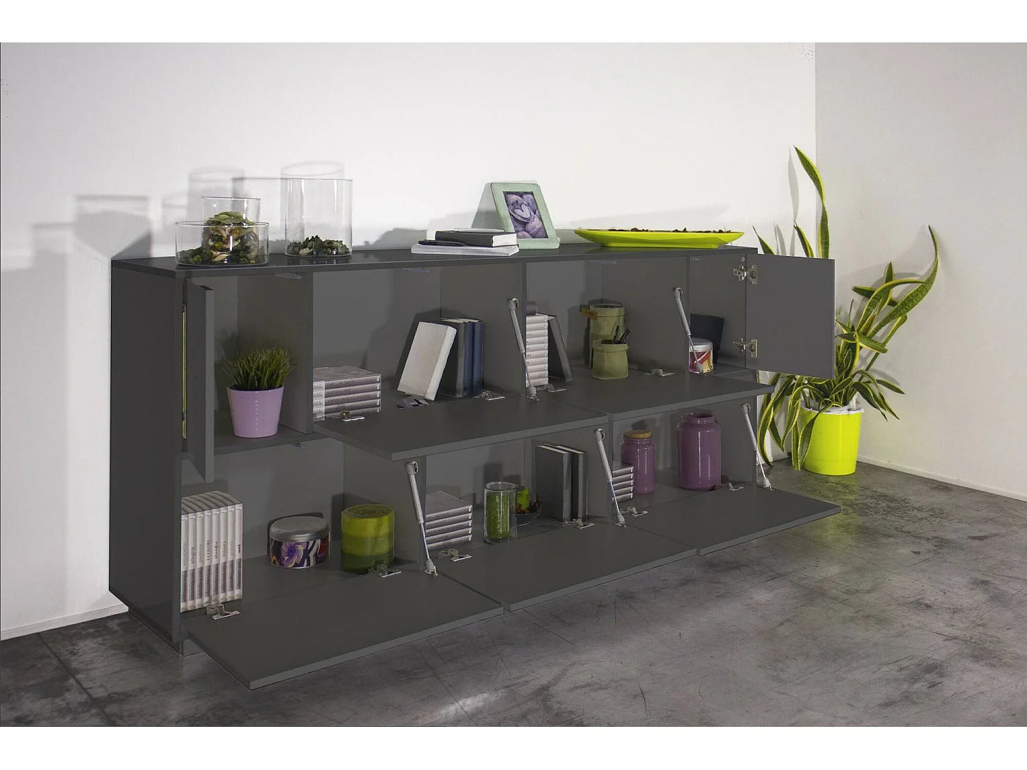 Buffet Virginio, Buffet de cuisine 7 portes, Buffet de salon, 100% Made in Italy, 200x41h86 cm, Anthracite Brillant