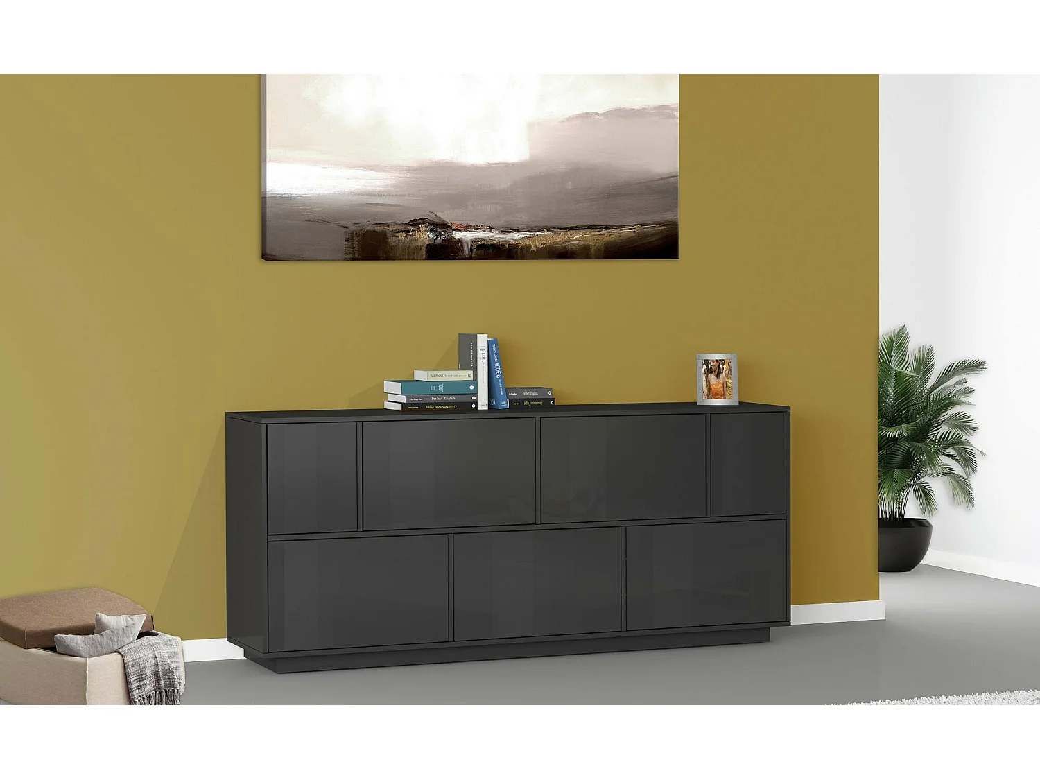 Buffet Virginio, Buffet de cuisine 7 portes, Buffet de salon, 100% Made in Italy, 200x41h86 cm, Anthracite Brillant