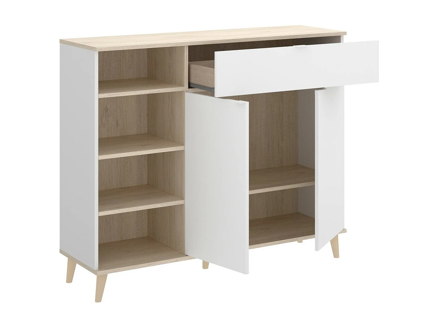 Buffet Sumbra, Buffet garde-manger de salon, Buffet de salon moderne avec 2 portes, 120x40h102 cm, Blanc et Chêne