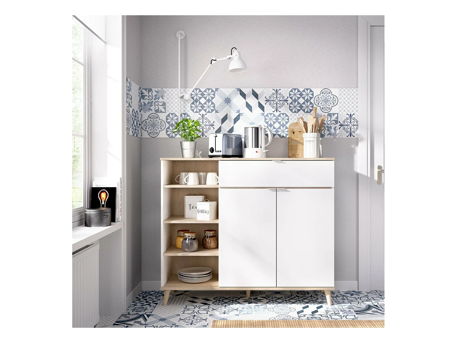Buffet Sumbra, Buffet garde-manger de salon, Buffet de salon moderne avec 2 portes, 120x40h102 cm, Blanc et Chêne