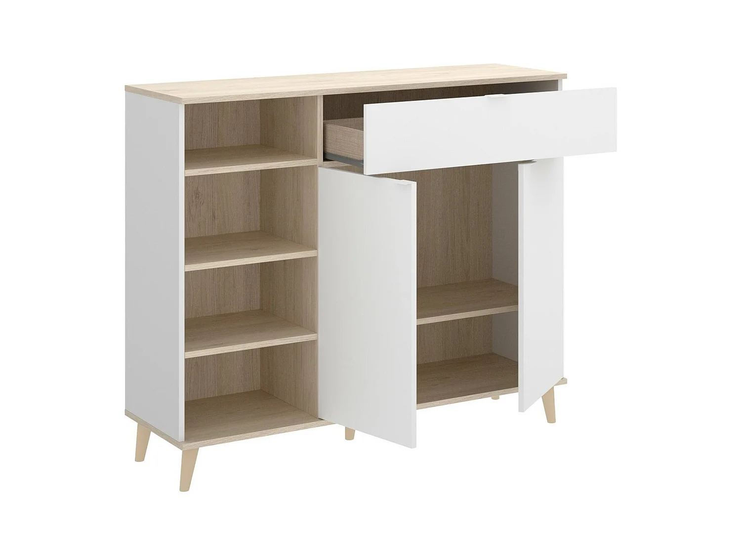 Buffet Sumbra, Buffet garde-manger de salon, Buffet de salon moderne avec 2 portes, 120x40h102 cm, Blanc et Chêne