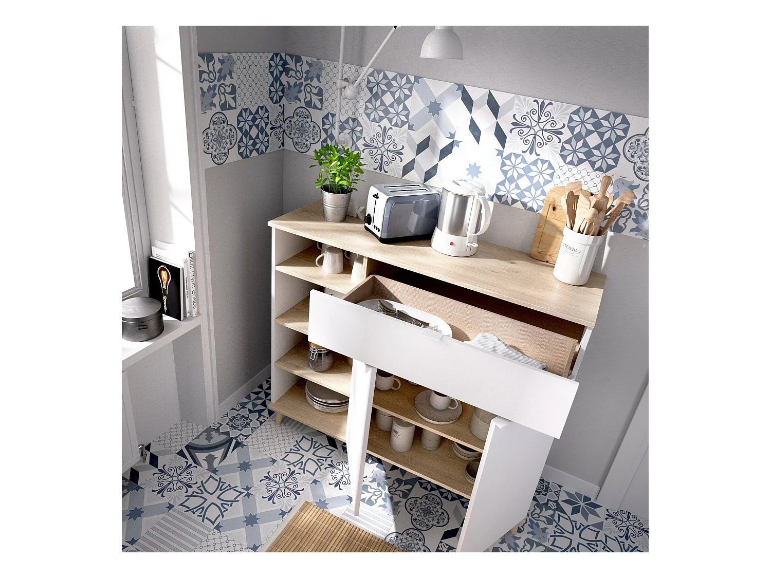 Buffet Sumbra, Buffet garde-manger de salon, Buffet de salon moderne avec 2 portes, 120x40h102 cm, Blanc et Chêne