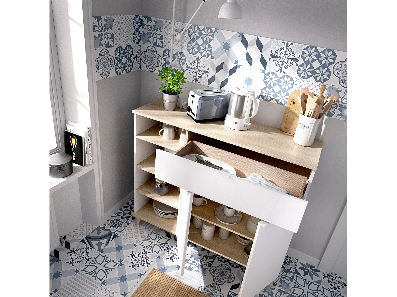 Aparador Sumbra, Buffet despensa de sala, Aparador de sala moderno com 2 portas, 120x40h102 cm, Branco e Carvalho