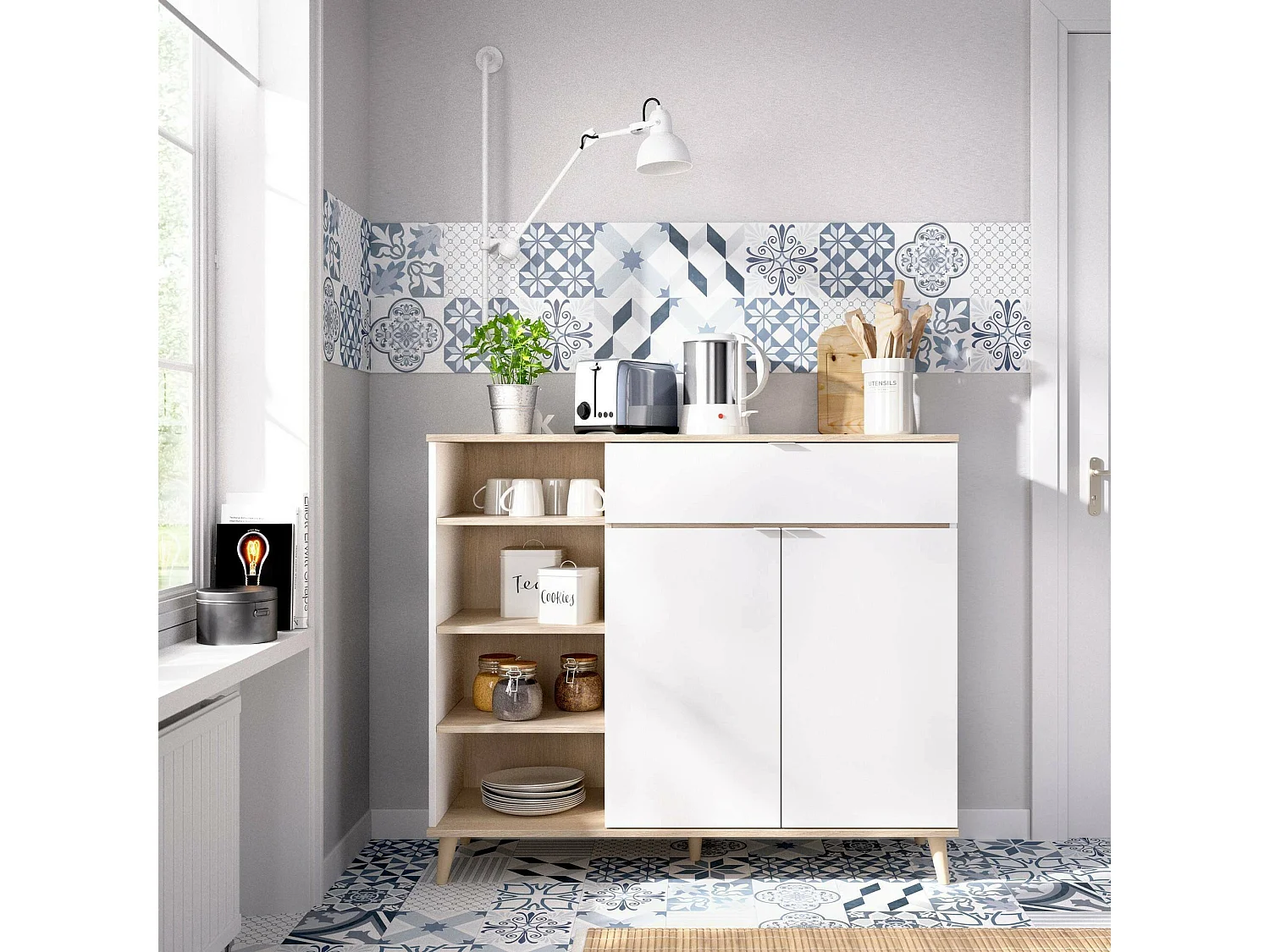 Aparador Sumbra, Buffet despensa de sala, Aparador de sala moderno com 2 portas, 120x40h102 cm, Branco e Carvalho