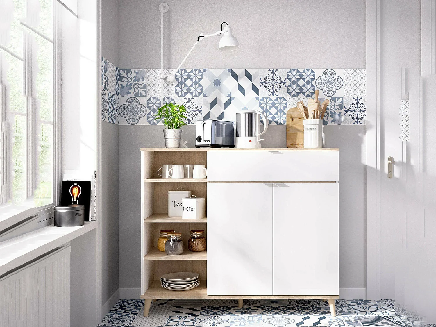 Buffet Sumbra, Buffet garde-manger de salon, Buffet de salon moderne avec 2 portes, 120x40h102 cm, Blanc et Chêne