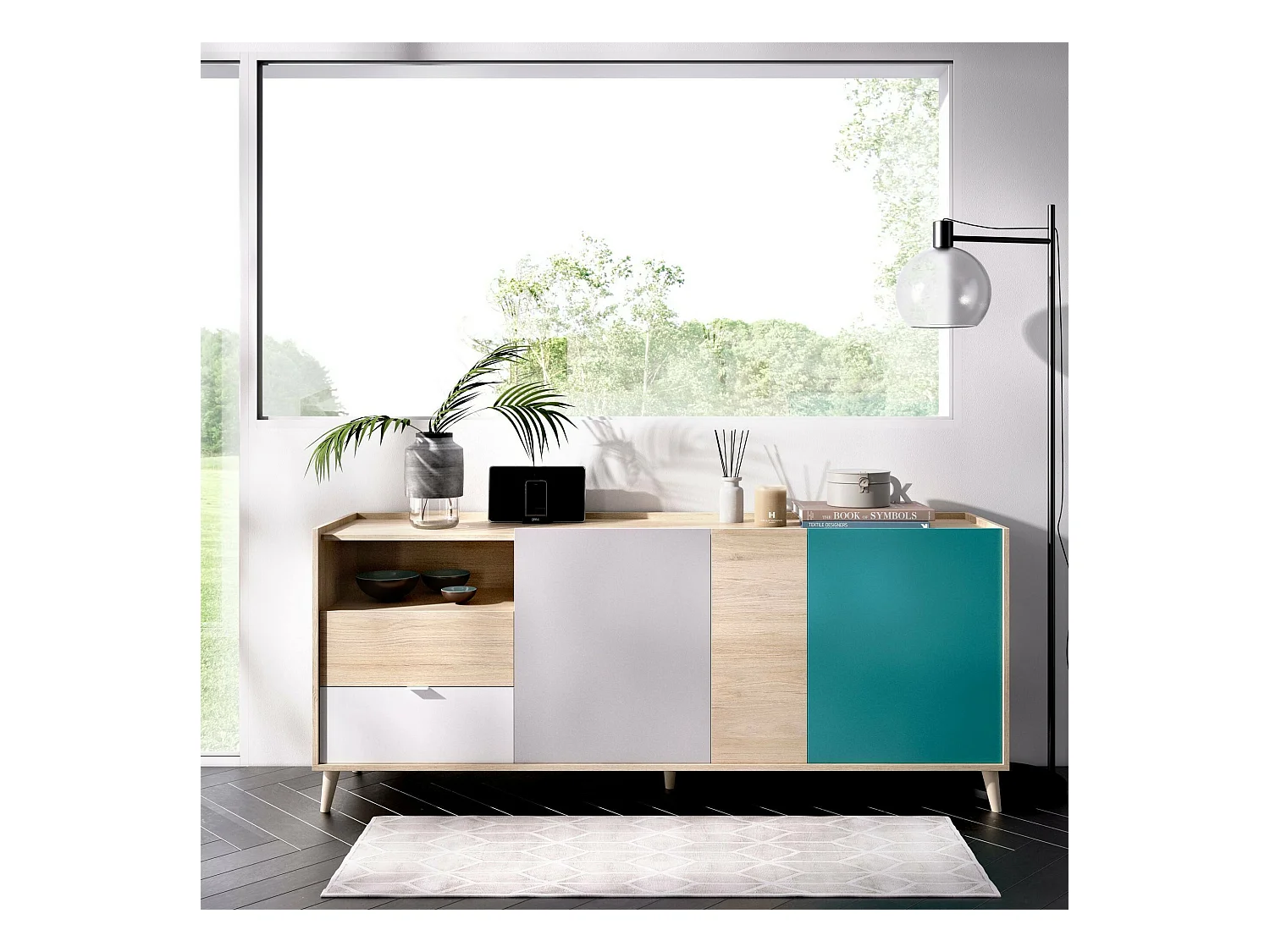 Buffet Marmontana, Buffet de salon, Buffet de salon moderne avec 3 portes, 180x43h75 cm, Chêne et Gris