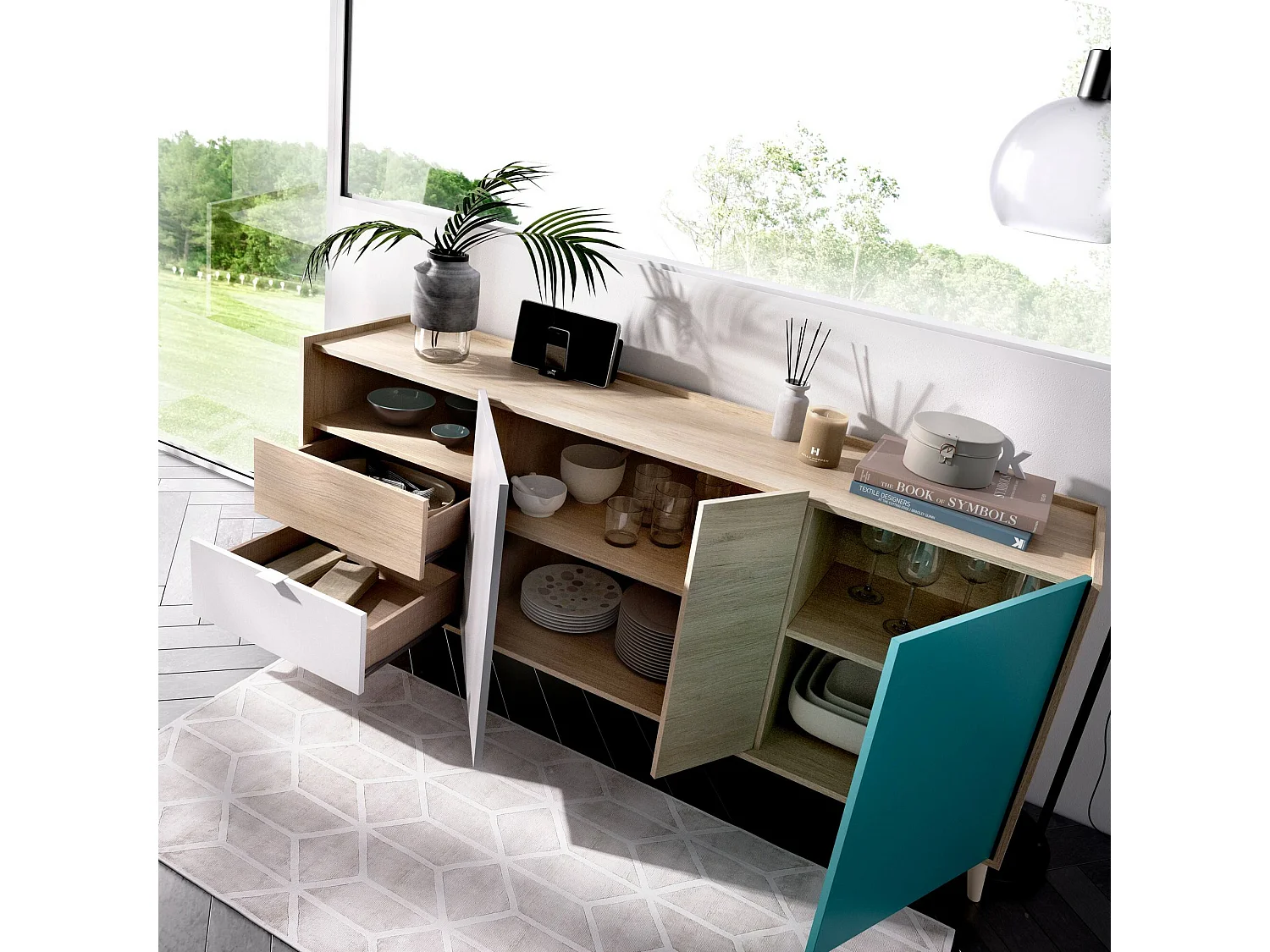 Marmontana dressoir, Woonkamerbuffet, Modern woonkamerdressoir met 3 deuren, 180x43h75 cm, Eiken en Grijs