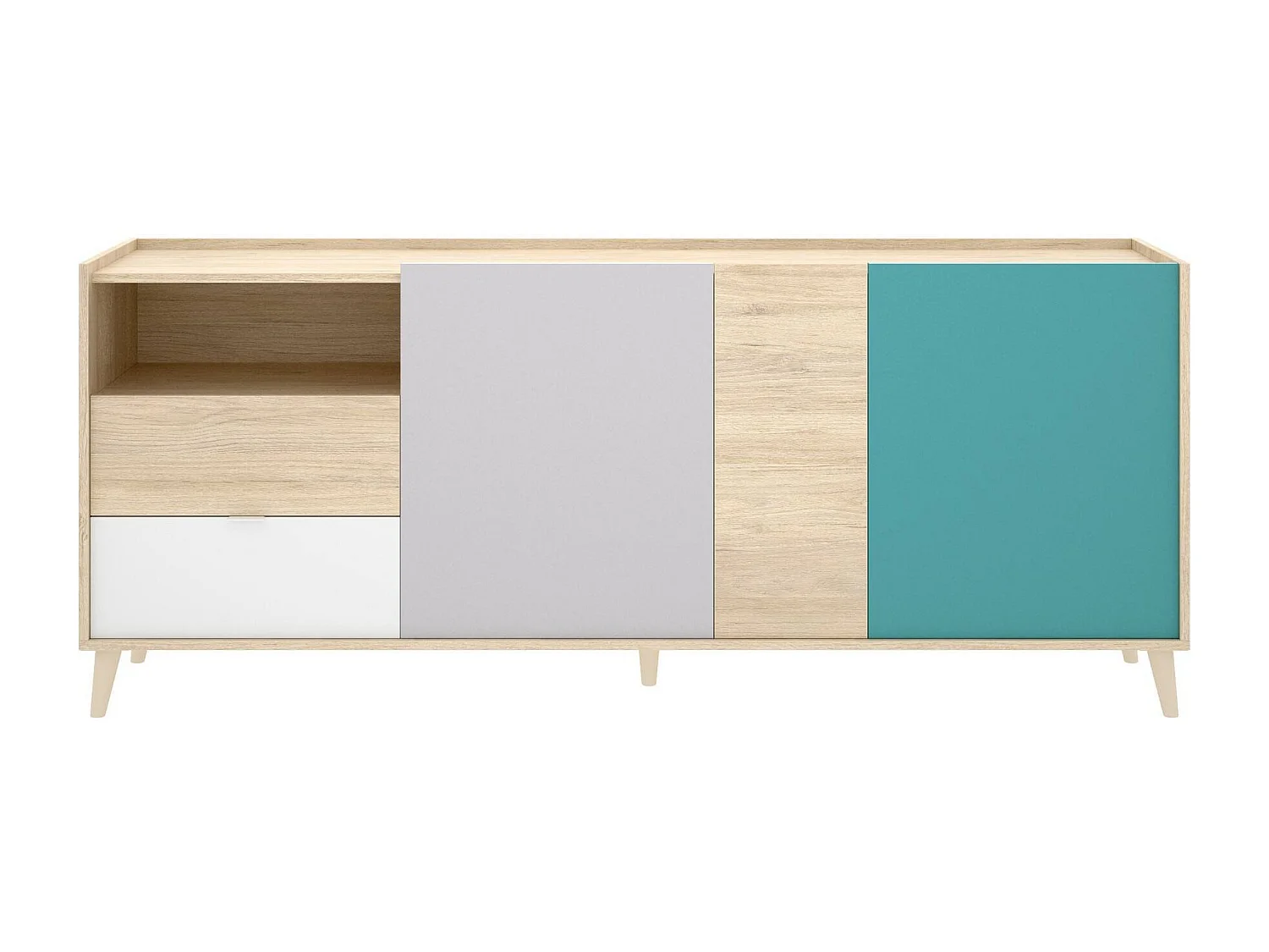 Marmontana dressoir, Woonkamerbuffet, Modern woonkamerdressoir met 3 deuren, 180x43h75 cm, Eiken en Grijs