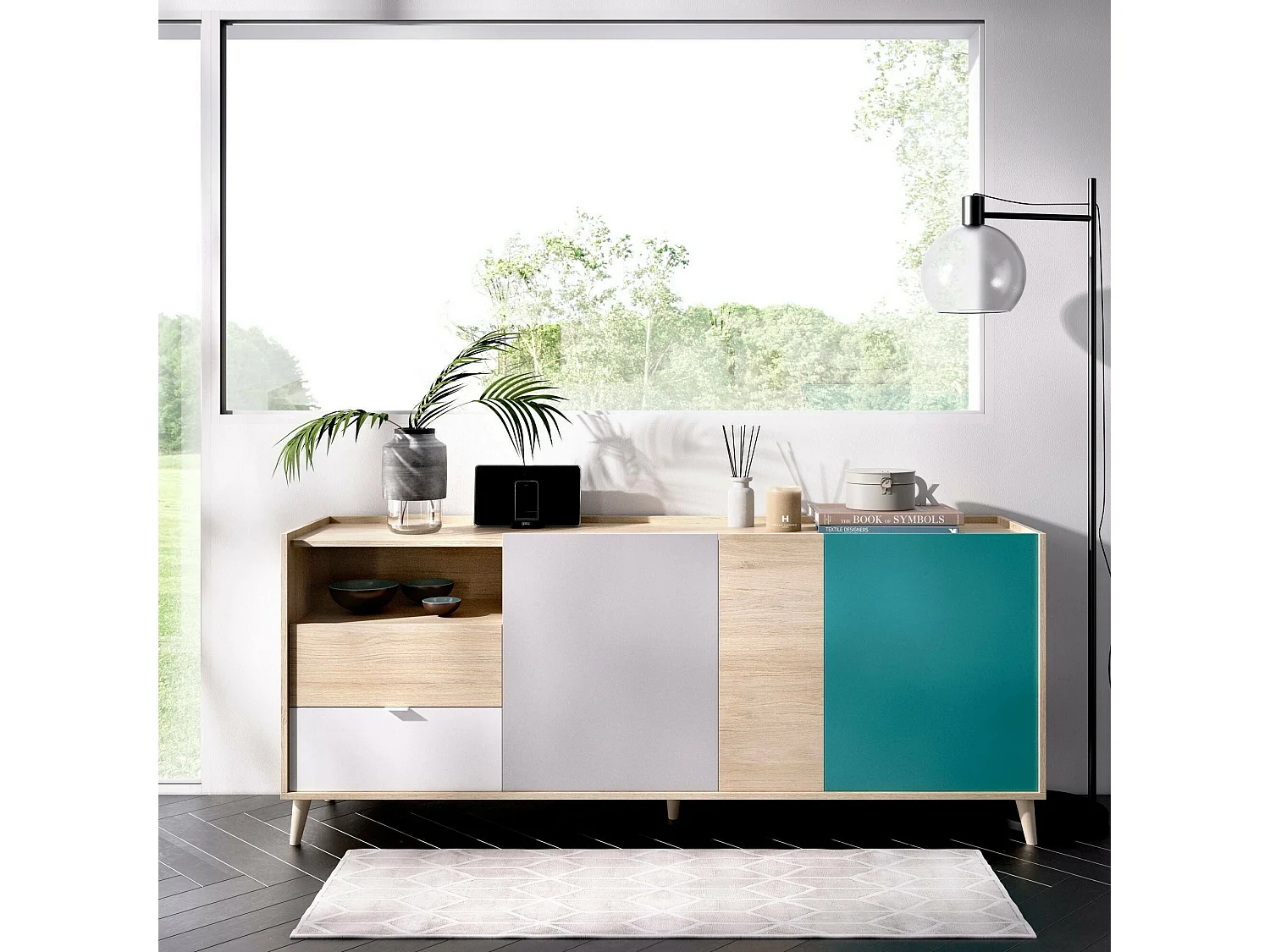 Buffet Marmontana, Buffet de salon, Buffet de salon moderne avec 3 portes, 180x43h75 cm, Chêne et Gris