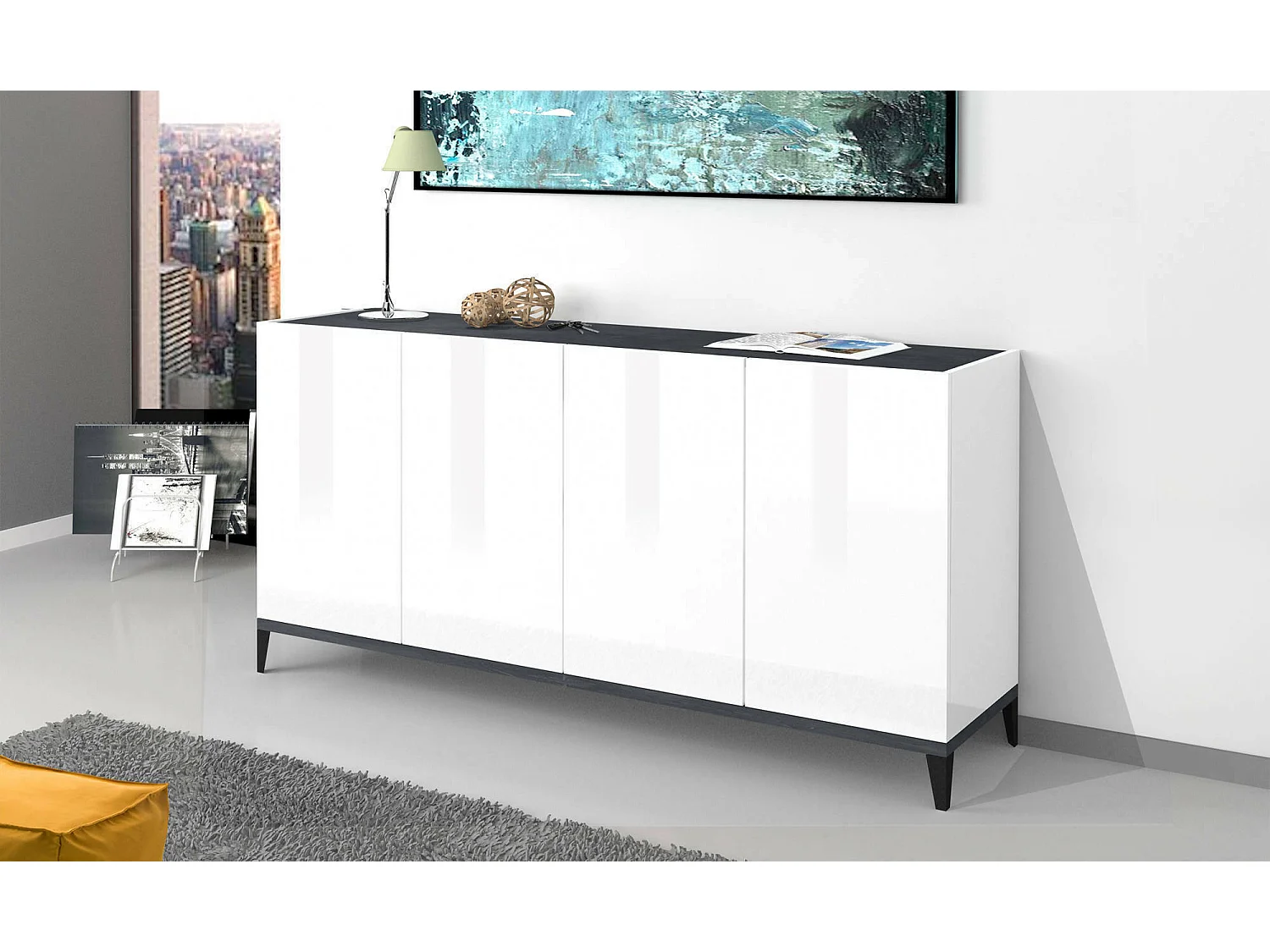Dgarzo dressoir, 4-deurs keukendressoir, Woonkamerbuffet, 100% Made in Italy, 160x40h82 cm, Glanzend wit en leisteen