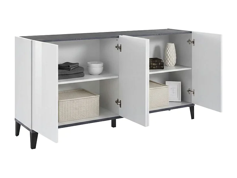 Buffet Dgarzo, Buffet de cuisine 4 portes, Buffet de salon, 100% Made in Italy, 160x40h82 cm, Blanc brillant et ardoise