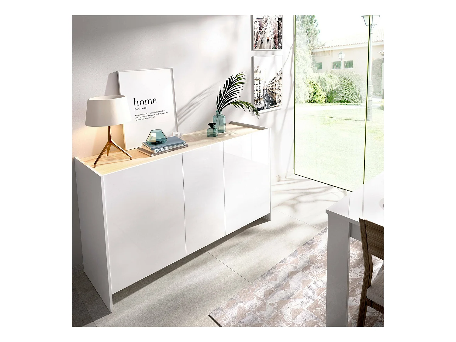 Buffet Calino, Buffet de salon, Buffet de salon moderne avec 3 portes, 138x42h76 cm, Blanc et Chêne