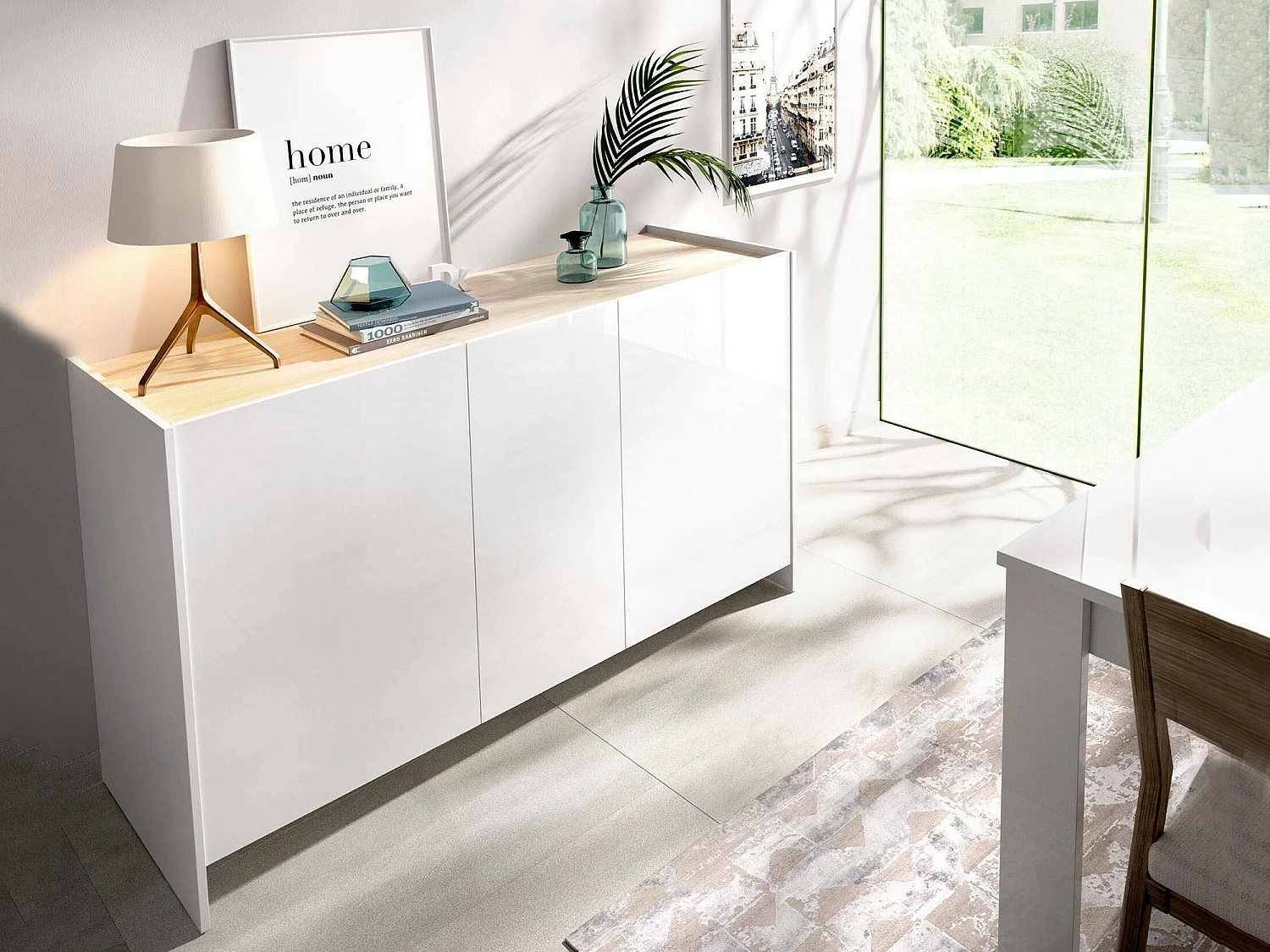 Dmora Dressoir Calino 42x138x76h cm Wit, 3 Planken, 6 Vakken, Klapdeur