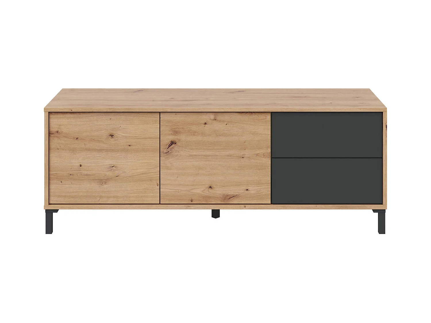 Buffet Daca, Buffet de salon, Meuble TV, Buffet avec pieds pour salon, Armoire moderne avec 2 portes, 130x41h47 cm, Chêne noué et Anthracite