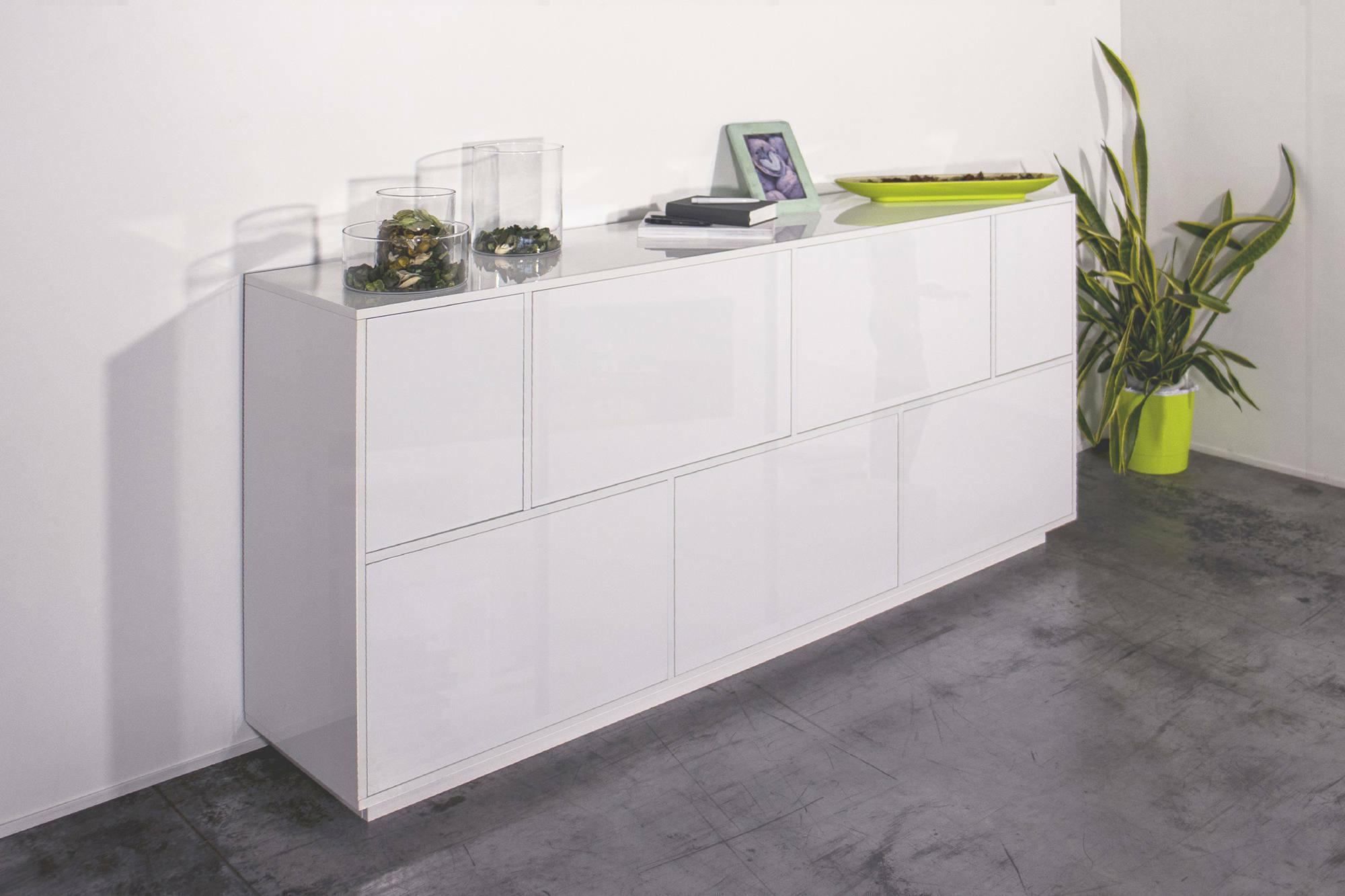 Credenza Dnast, Madia da cucina a 4 ante e 3 cassetti, Buffet da soggiorno,  100% Made in Italy, cm 220x41h86, Bianco lucido