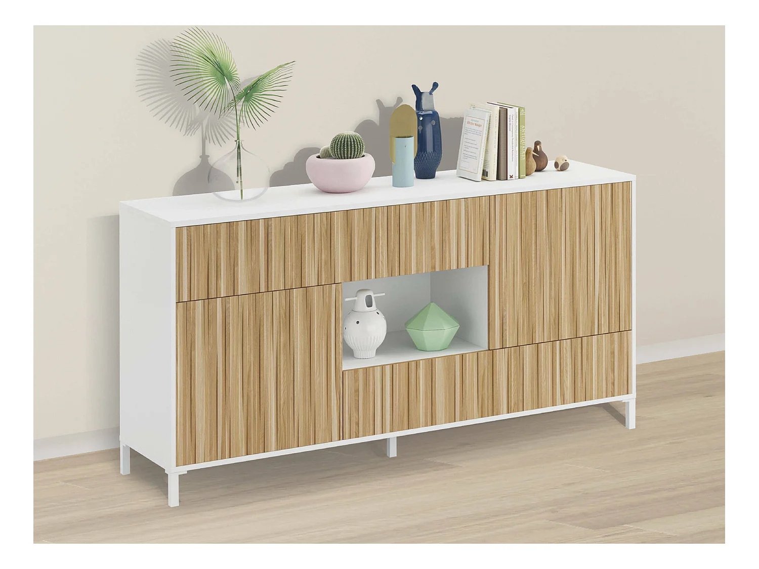 Buffet Wheaton, Armoire moderne, Buffet de salon avec 2 portes et 2 tiroirs, Buffet de salon, 151x41h80 cm, Chêne et Blanc Brillant