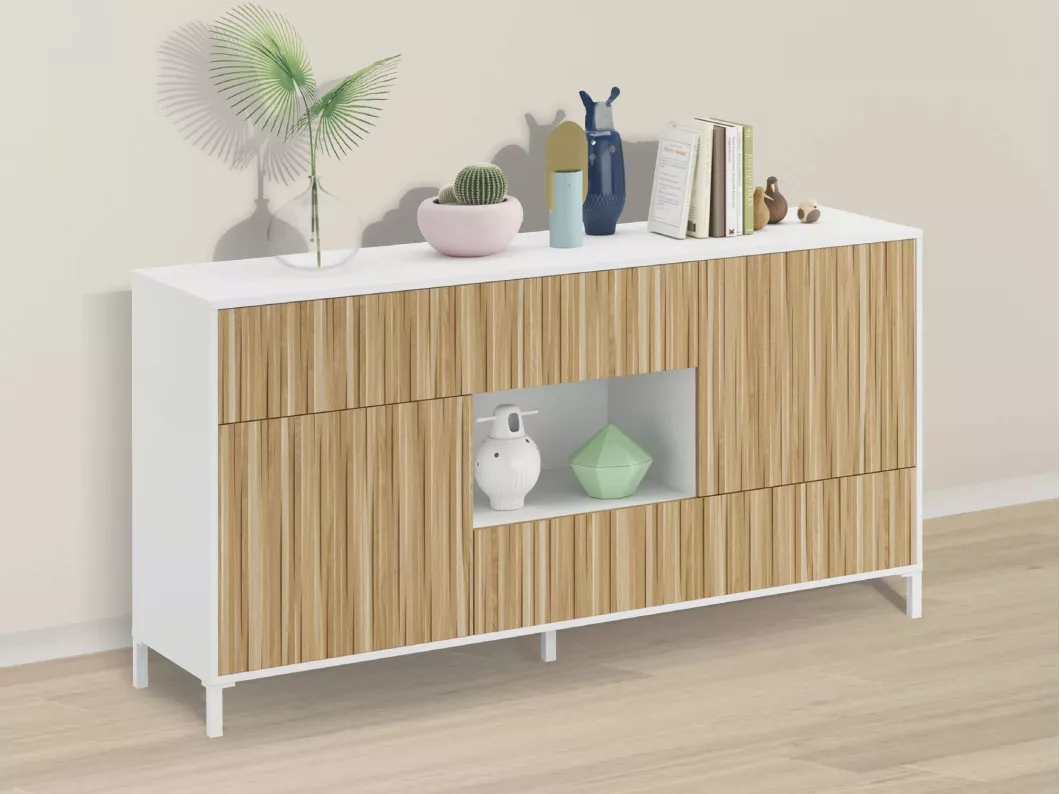 Kauf Unique Sideboard Wheaton, Wohnzimmer-Buffet mit 2 Türen und 2 Schubladen, Sideboard für Wohnzimmer, modernes Sideboard, 151x41h80 cm, Eiche und glänzendes Weiß