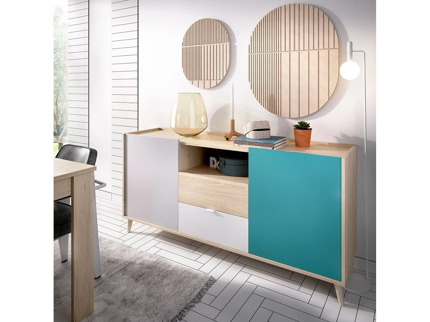 Sideboard Rainier, Wohnzimmer-Buffet, modernes Wohnzimmer-Sideboard mit 2 Türen, 155 x 43 x 75 cm, Weiß und Eiche