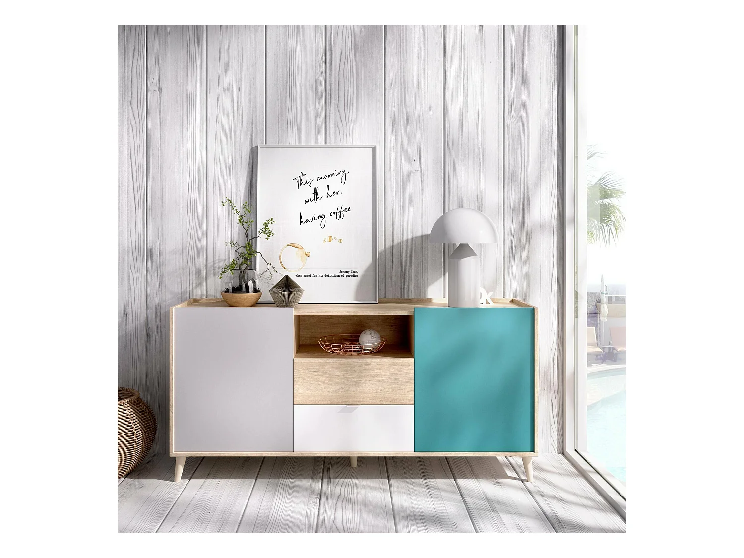 Buffet Rainier, Buffet de salon, Buffet de salon moderne avec 2 portes, 155x43h75 cm, Blanc et Chêne