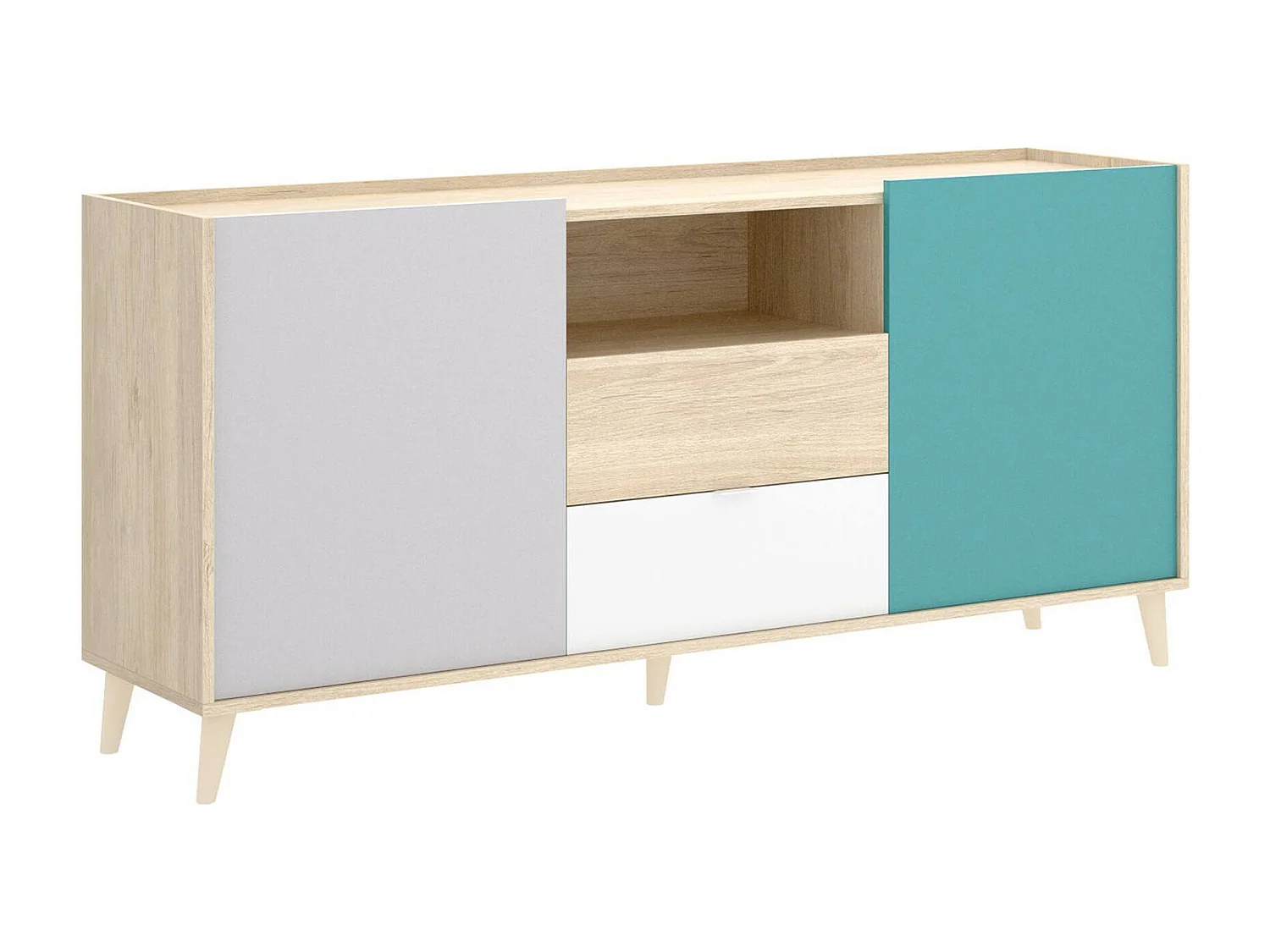 Buffet Rainier, Buffet de salon, Buffet de salon moderne avec 2 portes, 155x43h75 cm, Blanc et Chêne