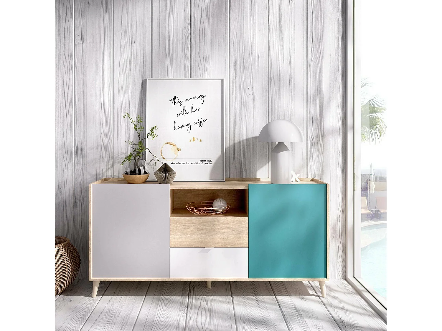 Buffet Rainier, Buffet de salon, Buffet de salon moderne avec 2 portes, 155x43h75 cm, Blanc et Chêne