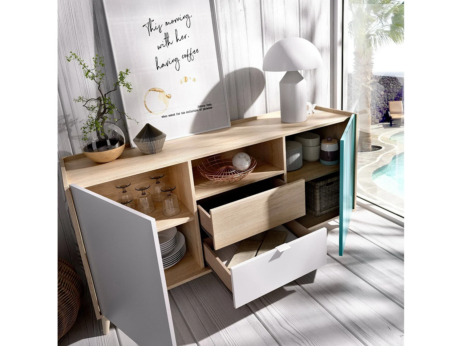 Buffet Rainier, Buffet de salon, Buffet de salon moderne avec 2 portes, 155x43h75 cm, Blanc et Chêne
