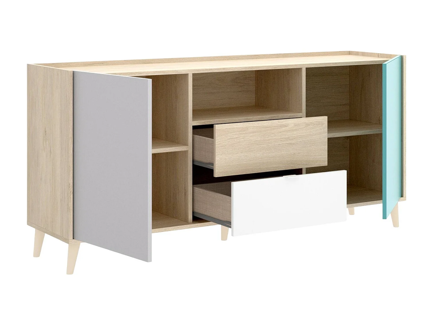 Buffet Rainier, Buffet de salon, Buffet de salon moderne avec 2 portes, 155x43h75 cm, Blanc et Chêne