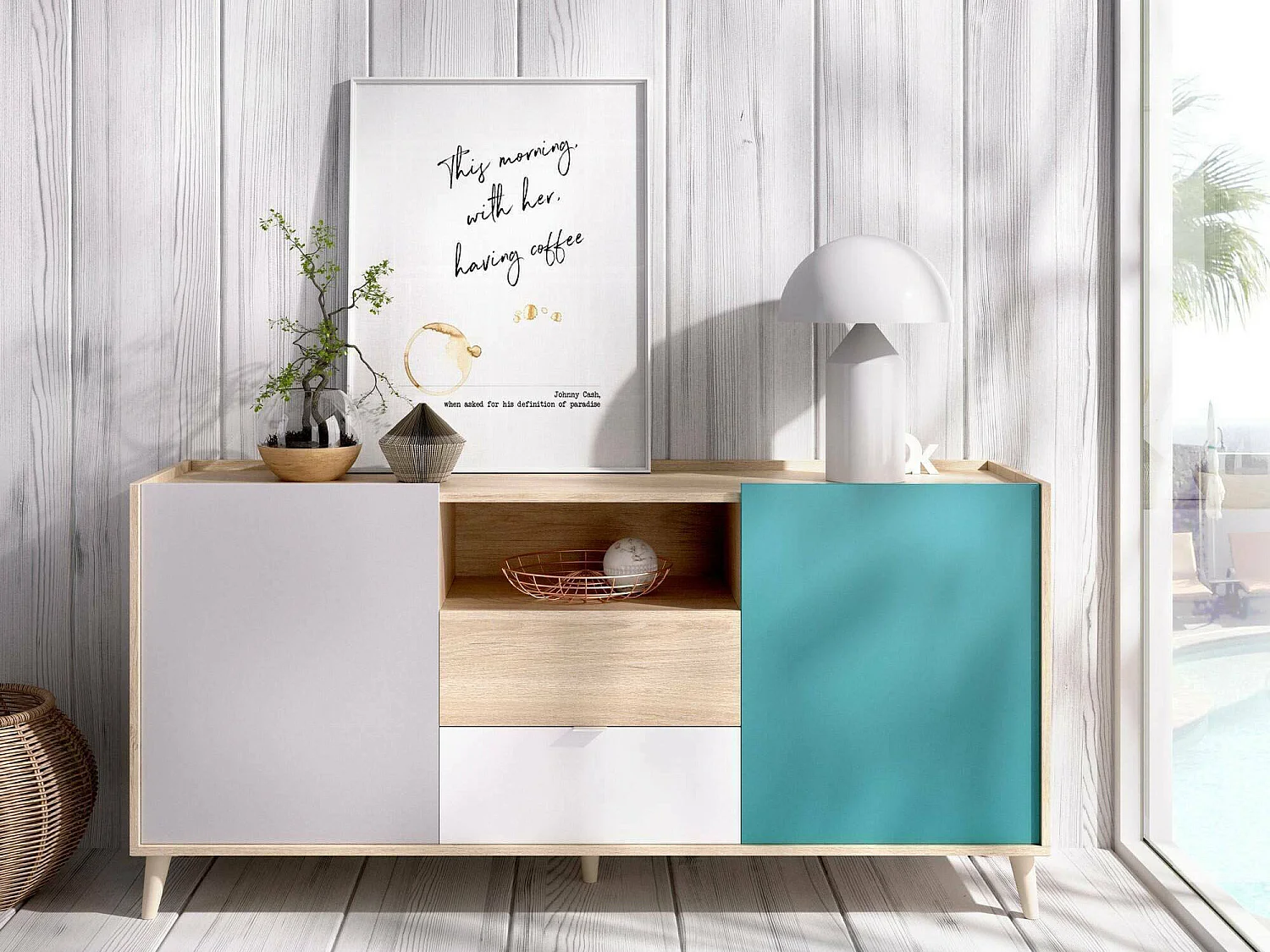 Buffet Rainier, Buffet de salon, Buffet de salon moderne avec 2 portes, 155x43h75 cm, Blanc et Chêne