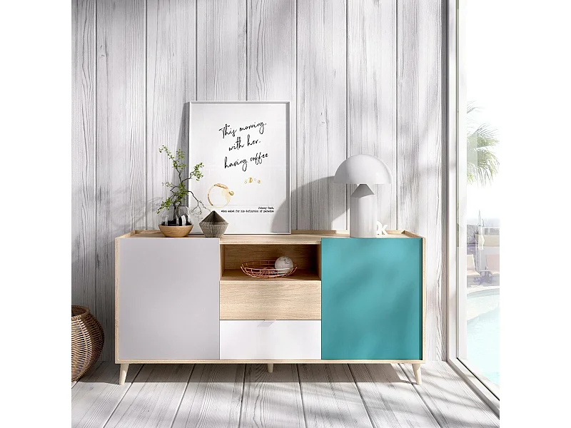 Buffet Rainier, Buffet de salon, Buffet de salon moderne avec 2 portes, 155x43h75 cm, Blanc et Chêne