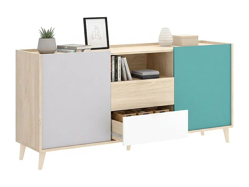 Buffet Rainier, Buffet de salon, Buffet de salon moderne avec 2 portes, 155x43h75 cm, Blanc et Chêne