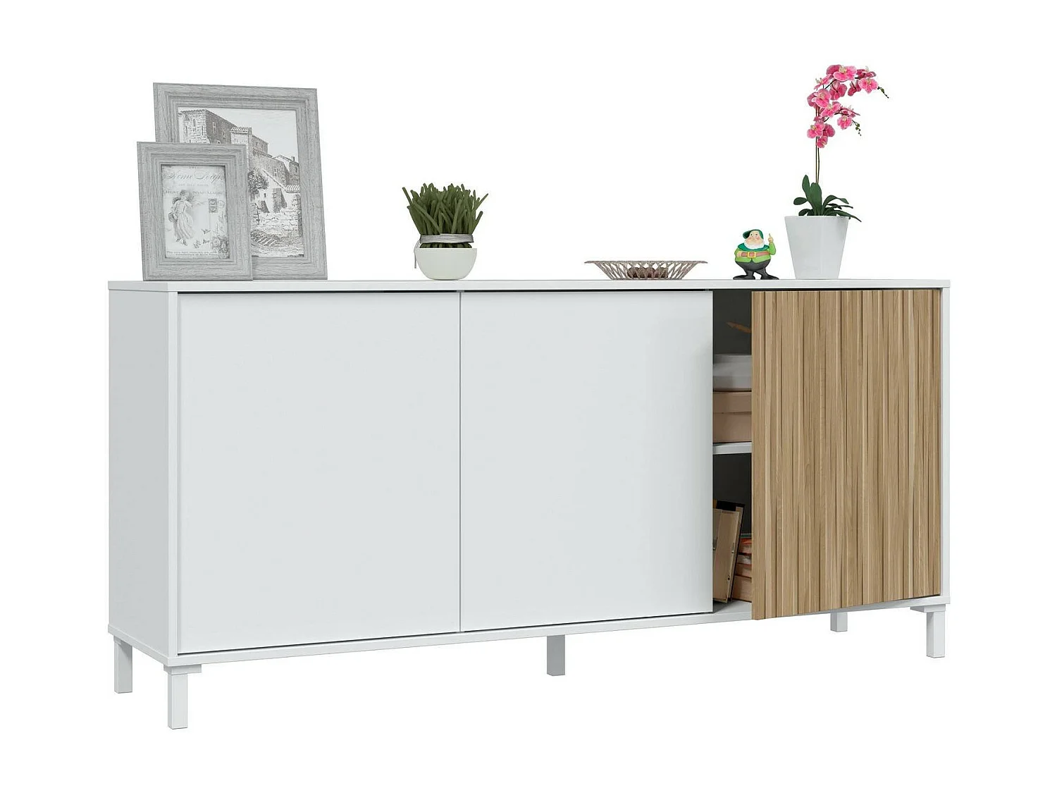 Sideboard Woburn, Buffet für Wohnzimmer mit 3 Türen, Modernes Sideboard für Wohnzimmer, 154x40h74 cm, Weiß