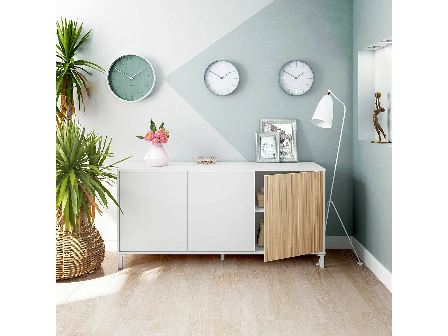 Buffet Woburn, buffet de salon moderne, buffet de salon 3 portes, 154x40h74 cm, blanc