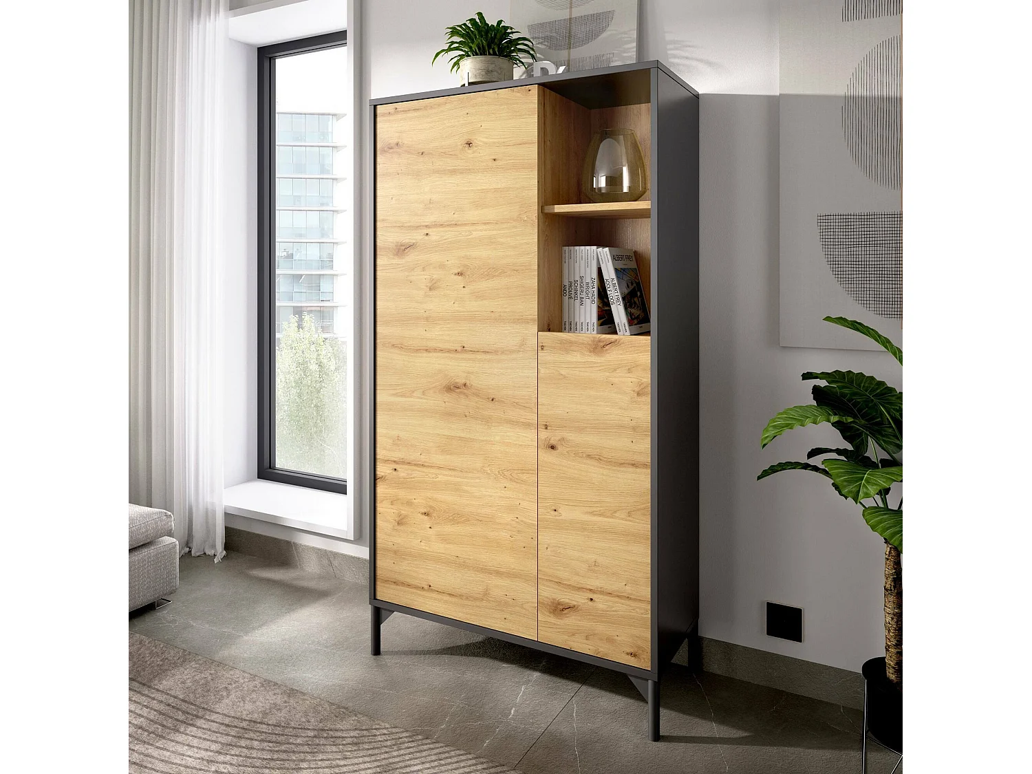 Buffet Dkessi, Buffet de salon, Buffet de salon moderne avec 2 portes, 72x34h144 cm, Chêne Knot et Anthracite