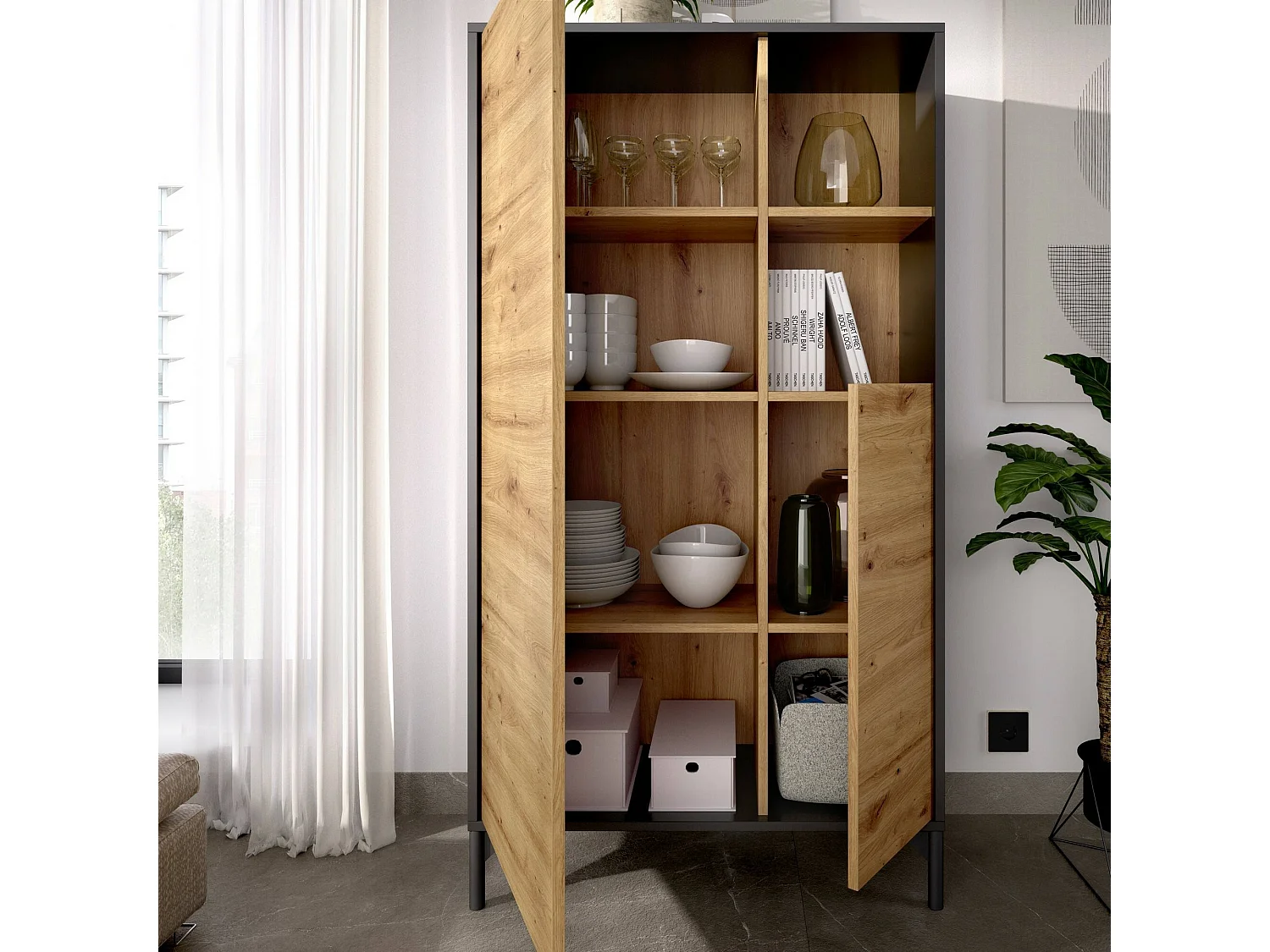 Buffet Dkessi, Buffet de salon, Buffet de salon moderne avec 2 portes, 72x34h144 cm, Chêne Knot et Anthracite