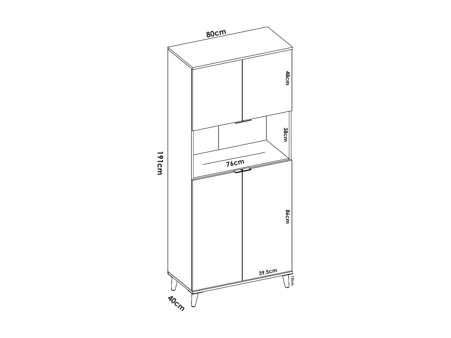 Buffet Spino, Buffet garde-manger de salon, Buffet de salon moderne avec 4 portes, 80x40h191 cm, Blanc et Chêne