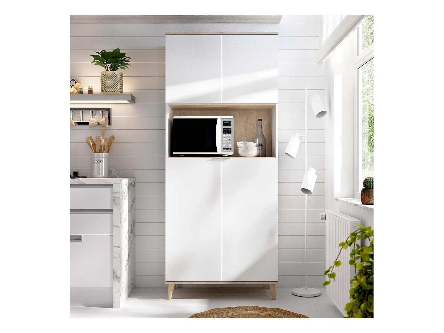 Buffet Spino, Buffet garde-manger de salon, Buffet de salon moderne avec 4 portes, 80x40h191 cm, Blanc et Chêne