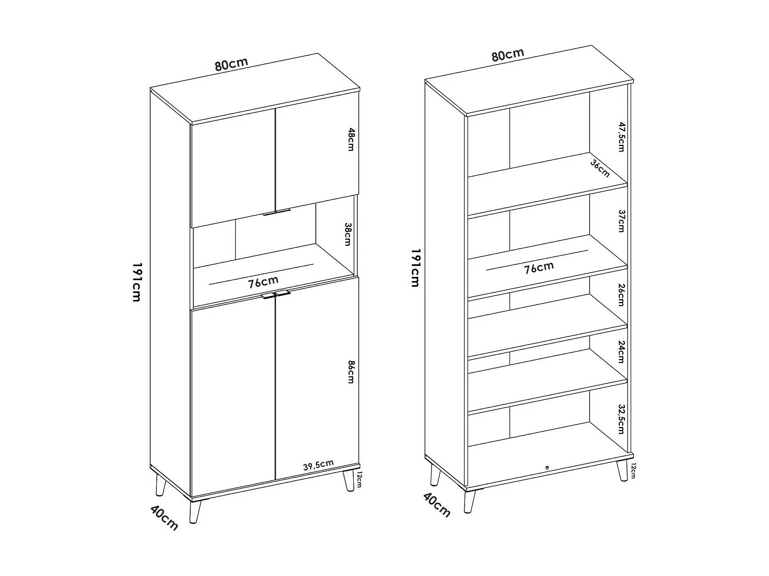 Dmora Credenza Spino 40x80x191h cm Bianco 4 Ripiani 4 Ante, Madia Apertura Battente