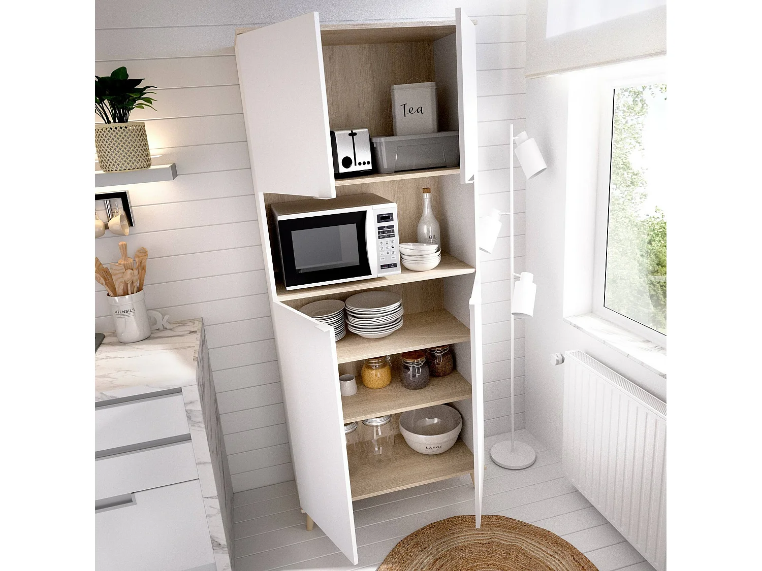 Dmora Credenza Spino 40x80x191h cm Bianco 4 Ripiani 4 Ante, Madia Apertura Battente